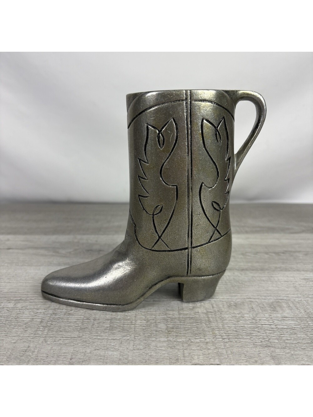 Vintage Pewter Cowboy Boot Mug Pitcher Western Flame Stitch Metal Decor 6”